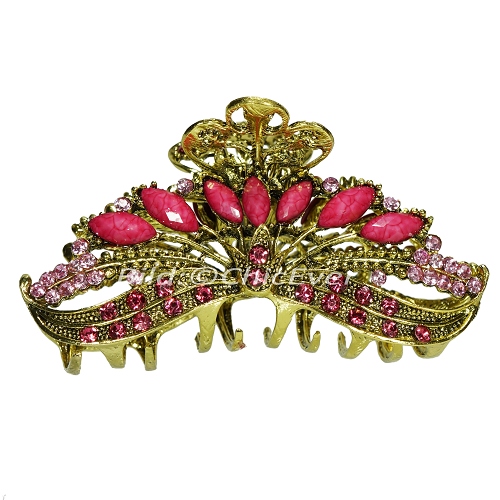 Haargreifer L Vintage Haarkneifer Haarklammer Metall & Strass rosa pink gold 5117c - zum Schließen ins Bild klicken